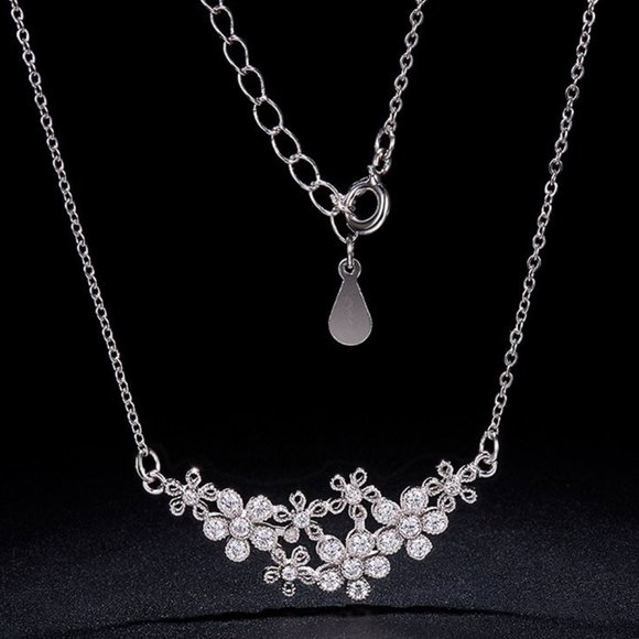 Cluster of Flowers with Pave CZ accent open floral Necklace  925 Sterling Silver - Picture 2 of 4